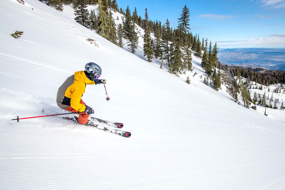 Skiing aggressively in-bounds (ski bindings)